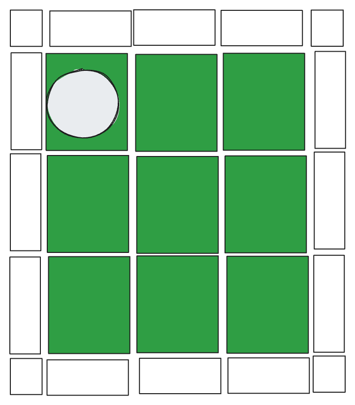 A 5x5 rectangular grid. The center 9 spaces are green, representing the strike zone. The surrounding spaces are thinner. The rectangle is roughly twice as tall as it is wide