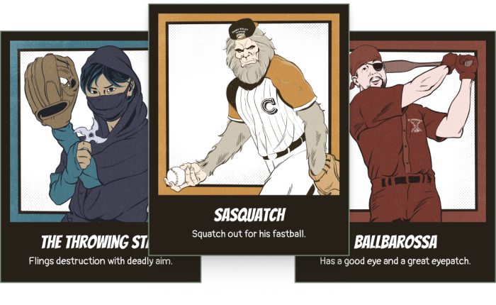 Three baseball players: a ninja pitcher, a Sasquatch pitcher, and a pirate batter.