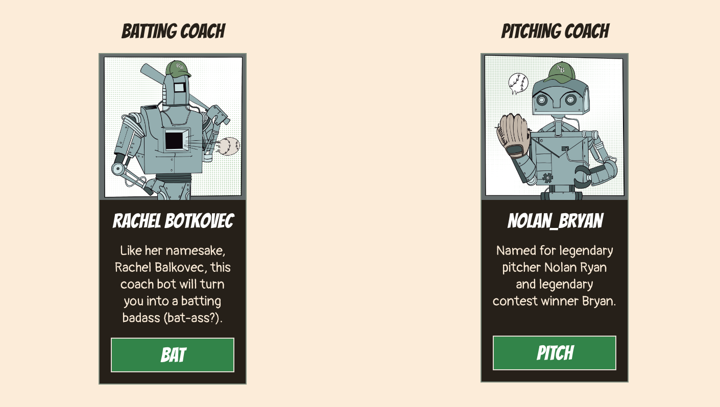 Two baseball-playing robots. One has a bat and one has a glove.